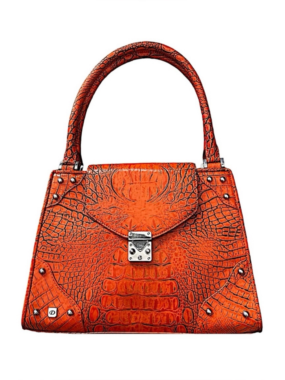 Diva Orange Croc Embossed Faux Leather Satchel Handbag Studded Flap Purse 12x9
